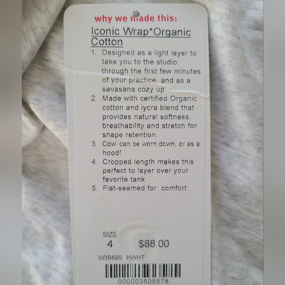 Lululemon Women's Iconic Wrap*Organic Cotton in Heathered White Size 4 - Picture 6 of 7